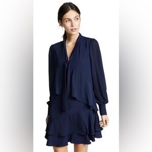 Parker Kenji Tiered Chiffon Navy Long-Sleeve Tie-Neck Layered Dress